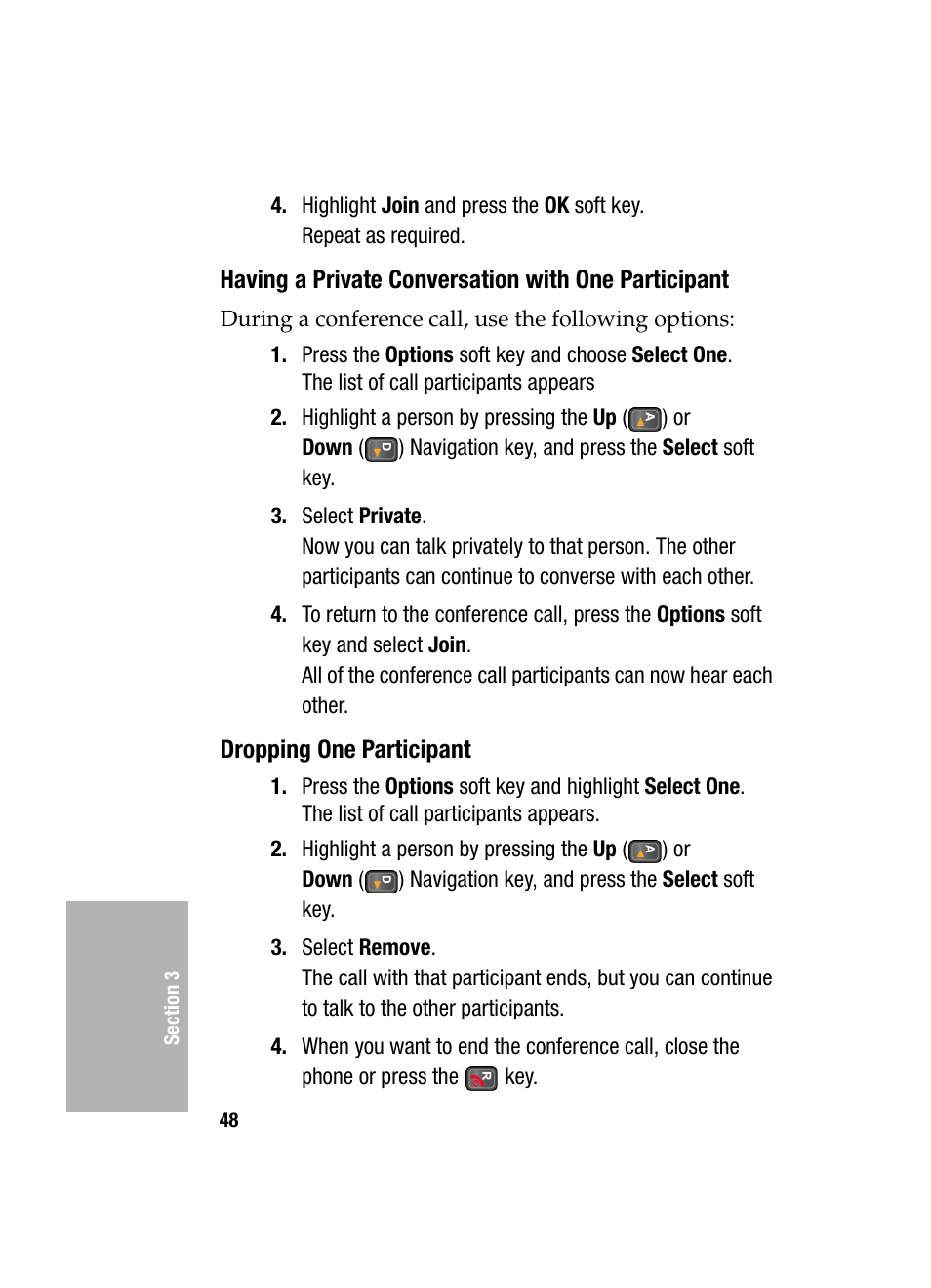 Having a private conversation with one participant, Dropping one participant | Samsung SGH-D307MSACIN User Manual | Page 48 / 256