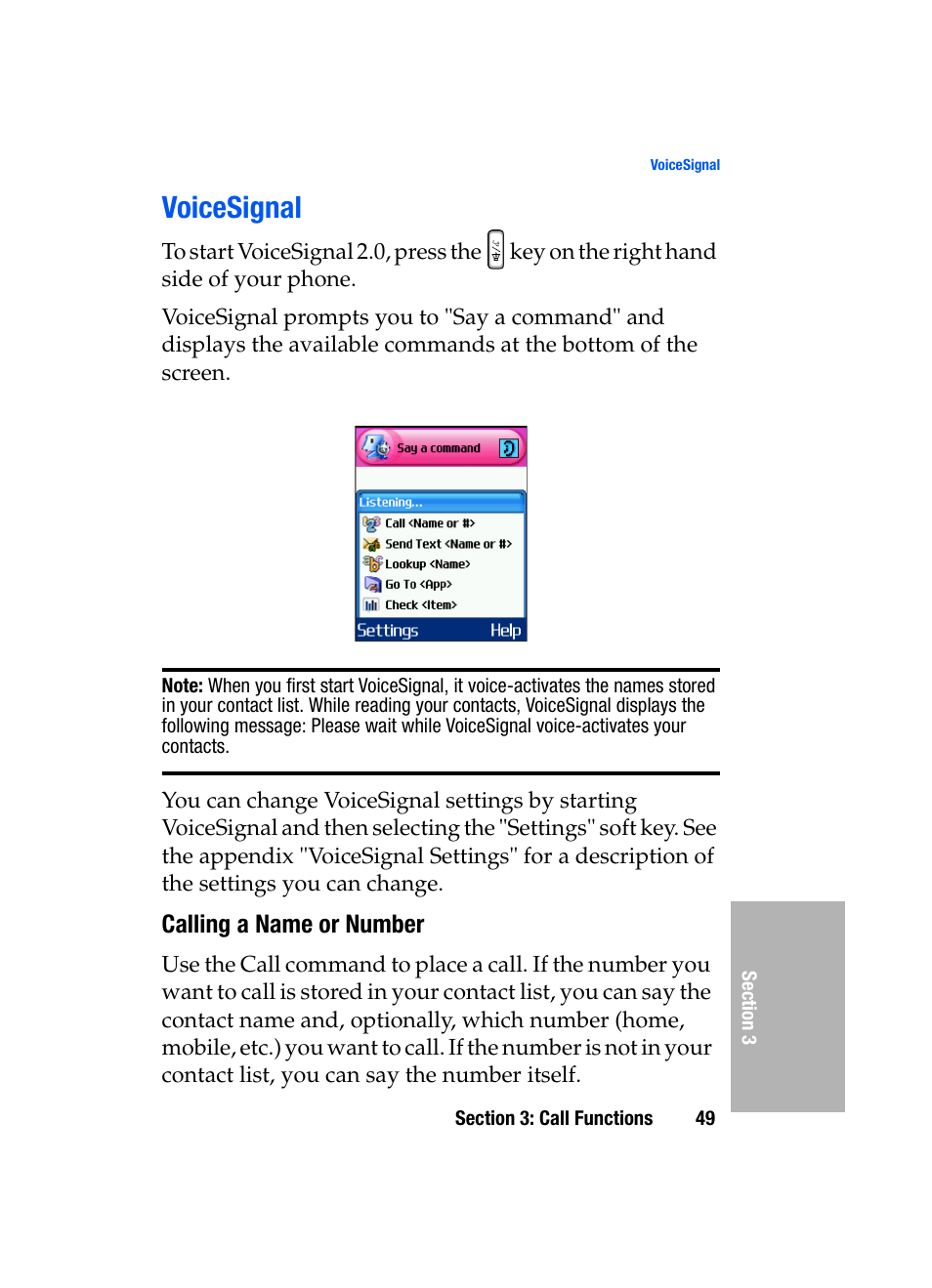 Voicesignal, Calling a name or number | Samsung SGH-D307MSACIN User Manual | Page 49 / 256