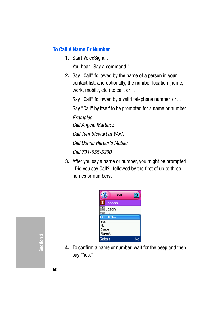 To call a name or number | Samsung SGH-D307MSACIN User Manual | Page 50 / 256