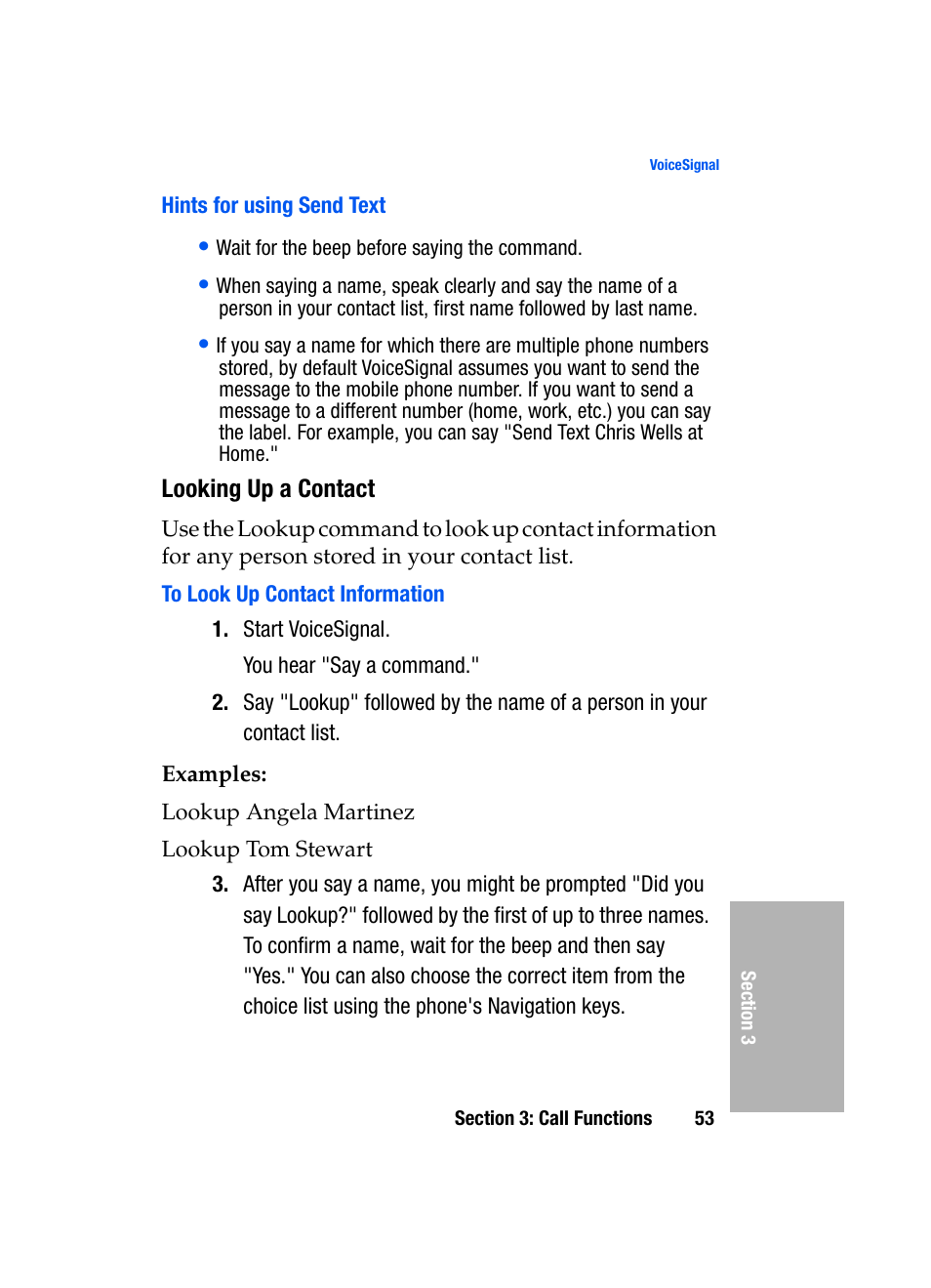 Hints for using send text, Looking up a contact, To look up contact information | Samsung SGH-D307MSACIN User Manual | Page 53 / 256