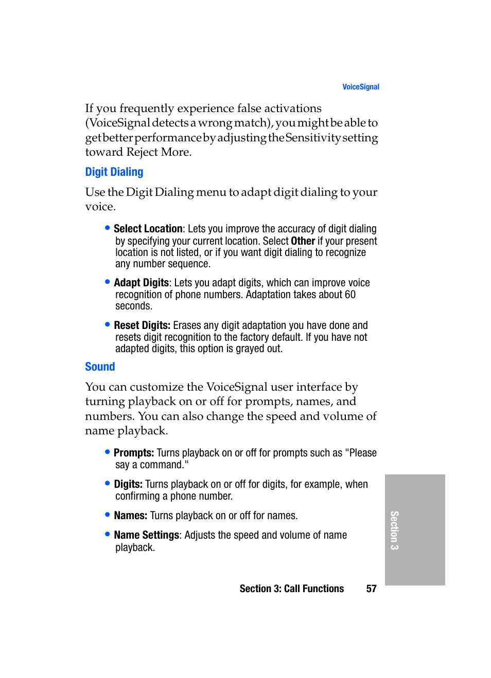 Digit dialing, Sound | Samsung SGH-D307MSACIN User Manual | Page 57 / 256