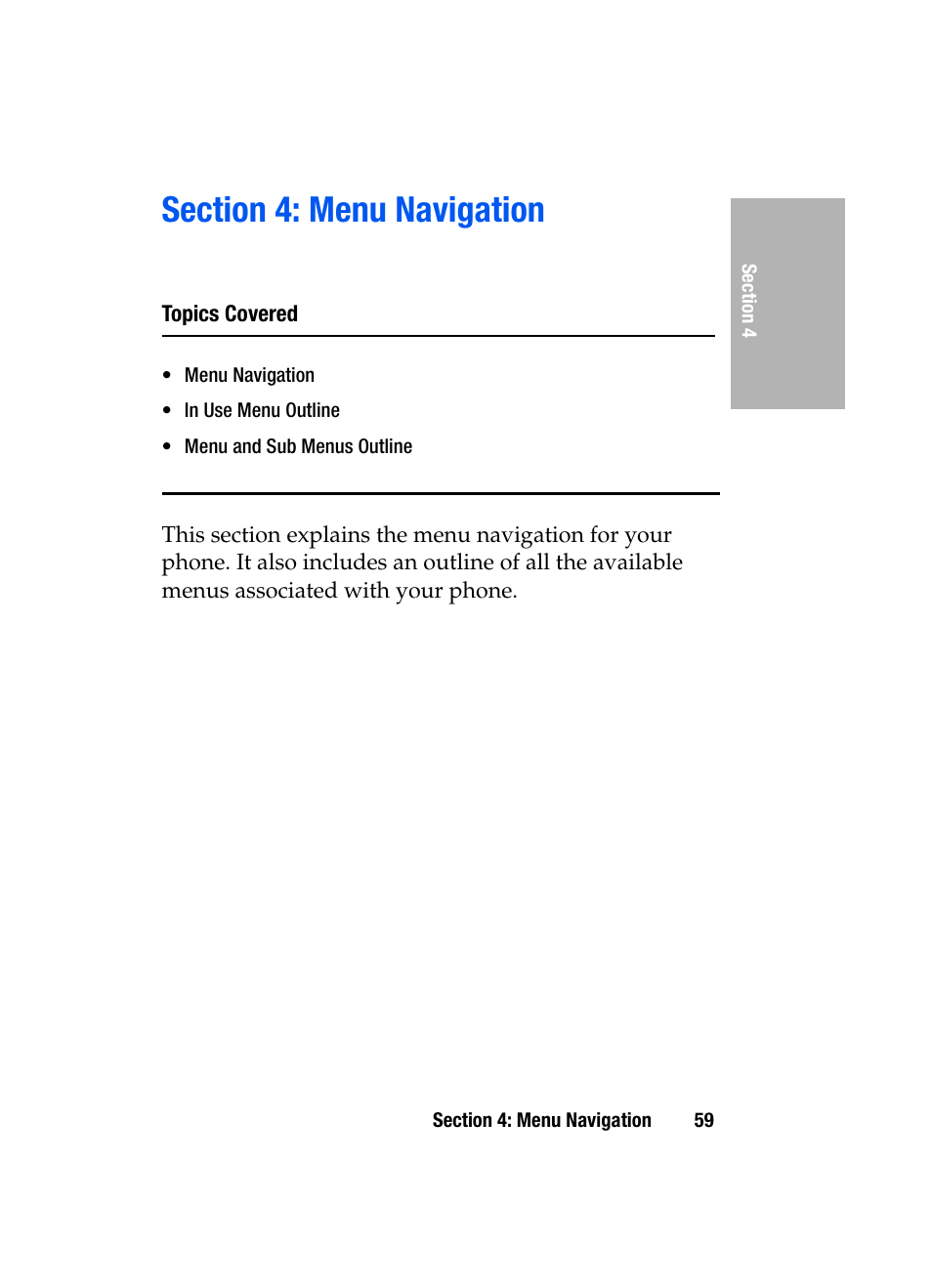 Section 4: menu navigation, Topics covered | Samsung SGH-D307MSACIN User Manual | Page 59 / 256