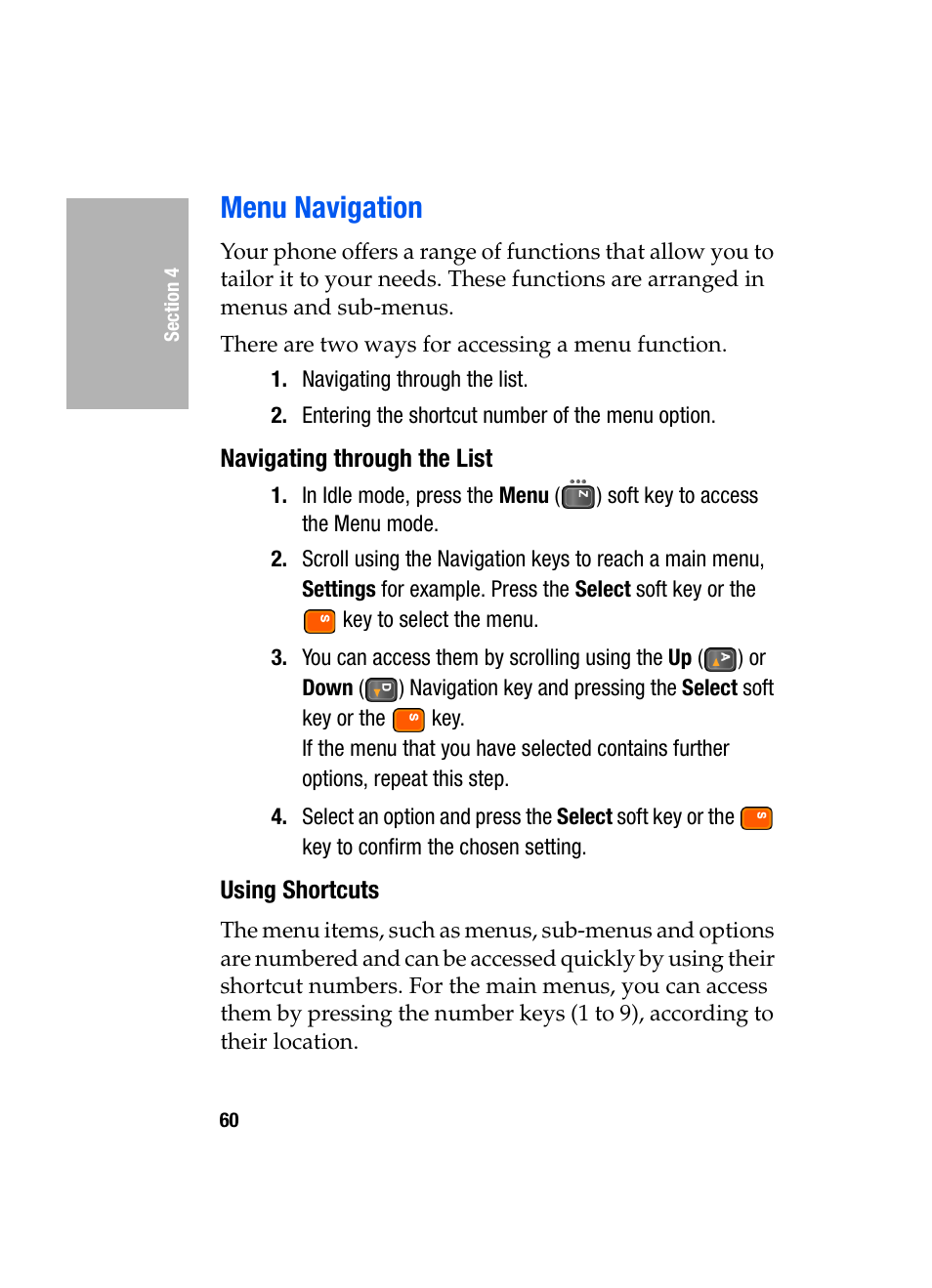 Menu navigation, Navigating through the list, Using shortcuts | Samsung SGH-D307MSACIN User Manual | Page 60 / 256