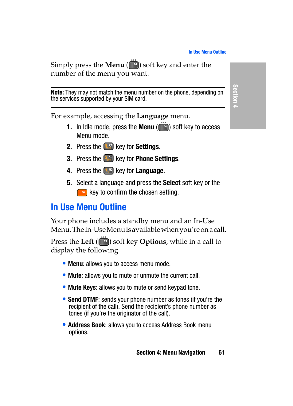 In use menu outline | Samsung SGH-D307MSACIN User Manual | Page 61 / 256
