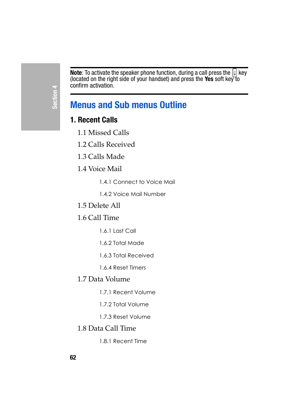 Menus and sub menus outline, Recent calls | Samsung SGH-D307MSACIN User Manual | Page 62 / 256