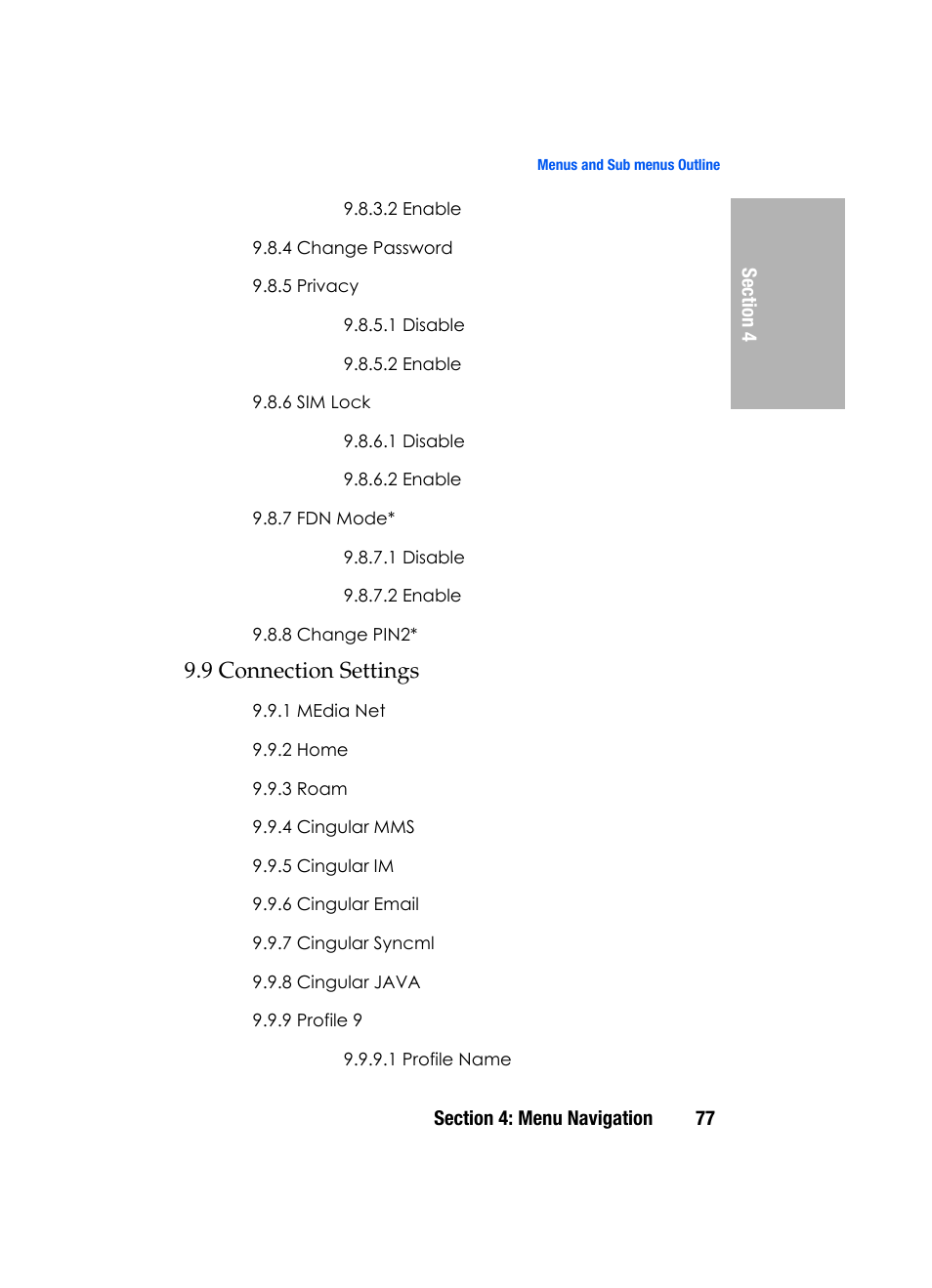 9 connection settings | Samsung SGH-D307MSACIN User Manual | Page 77 / 256