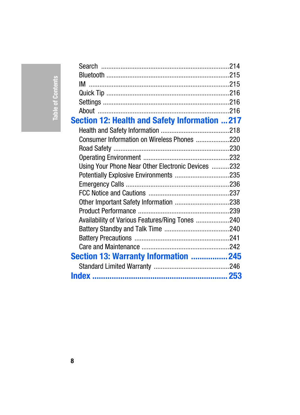 Index | Samsung SGH-D307MSACIN User Manual | Page 8 / 256
