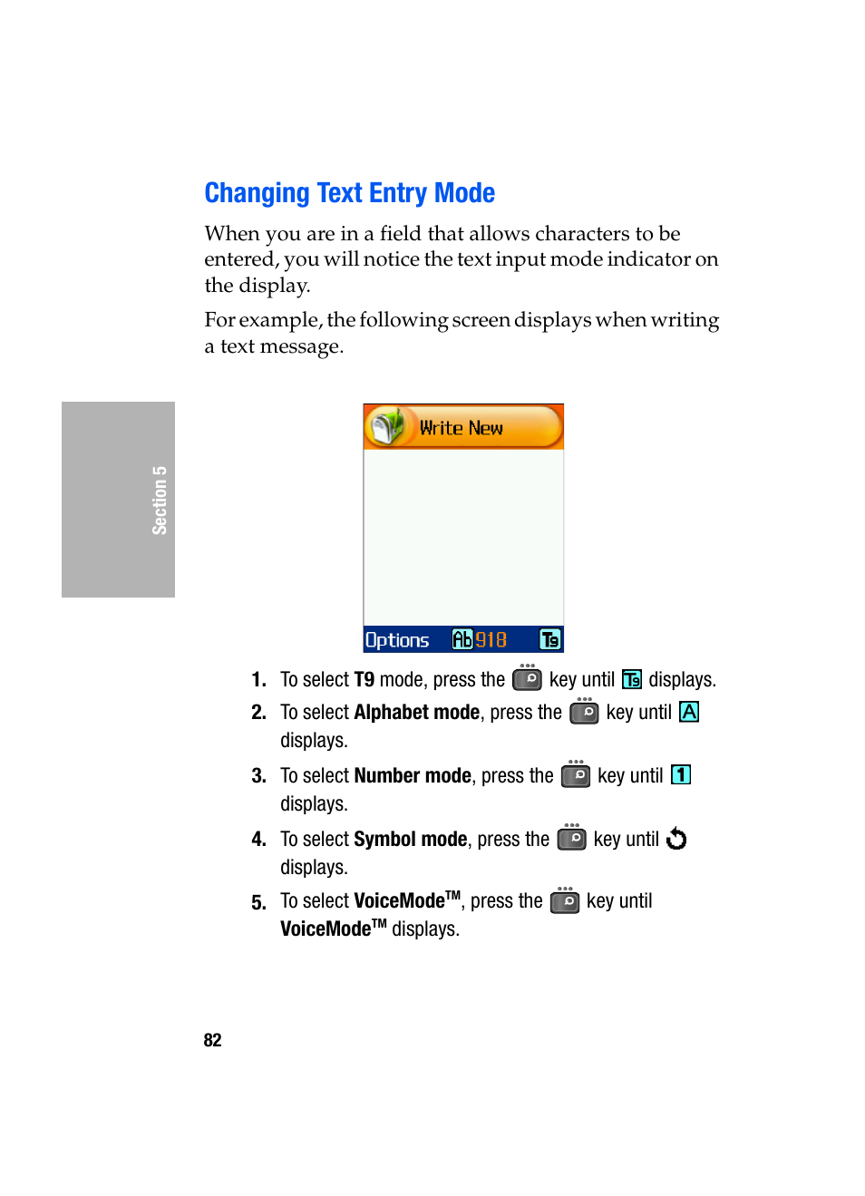 Changing text entry mode | Samsung SGH-D307MSACIN User Manual | Page 82 / 256