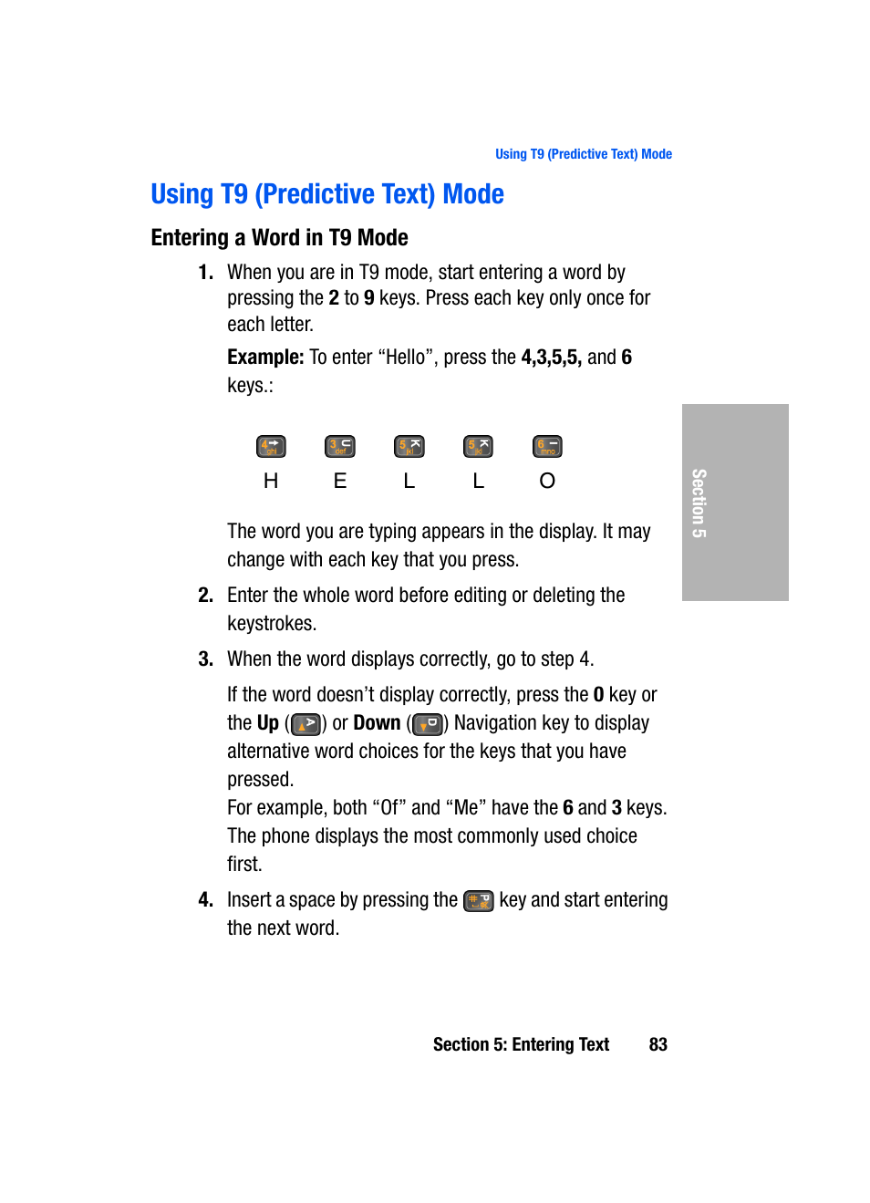 Using t9 (predictive text) mode, Entering a word in t9 mode | Samsung SGH-D307MSACIN User Manual | Page 83 / 256