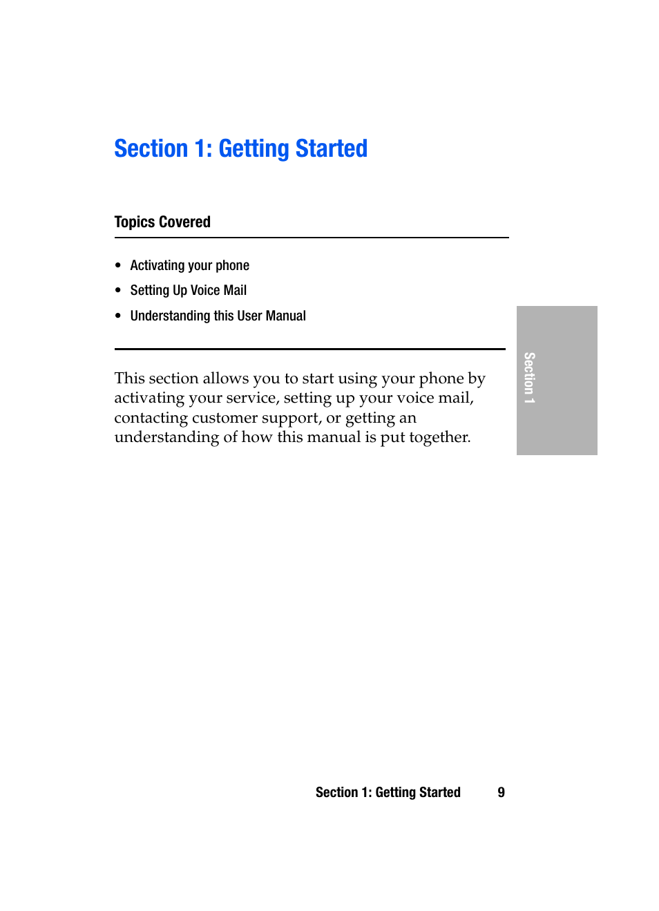 Section 1: getting started, Topics covered | Samsung SGH-D307MSACIN User Manual | Page 9 / 256