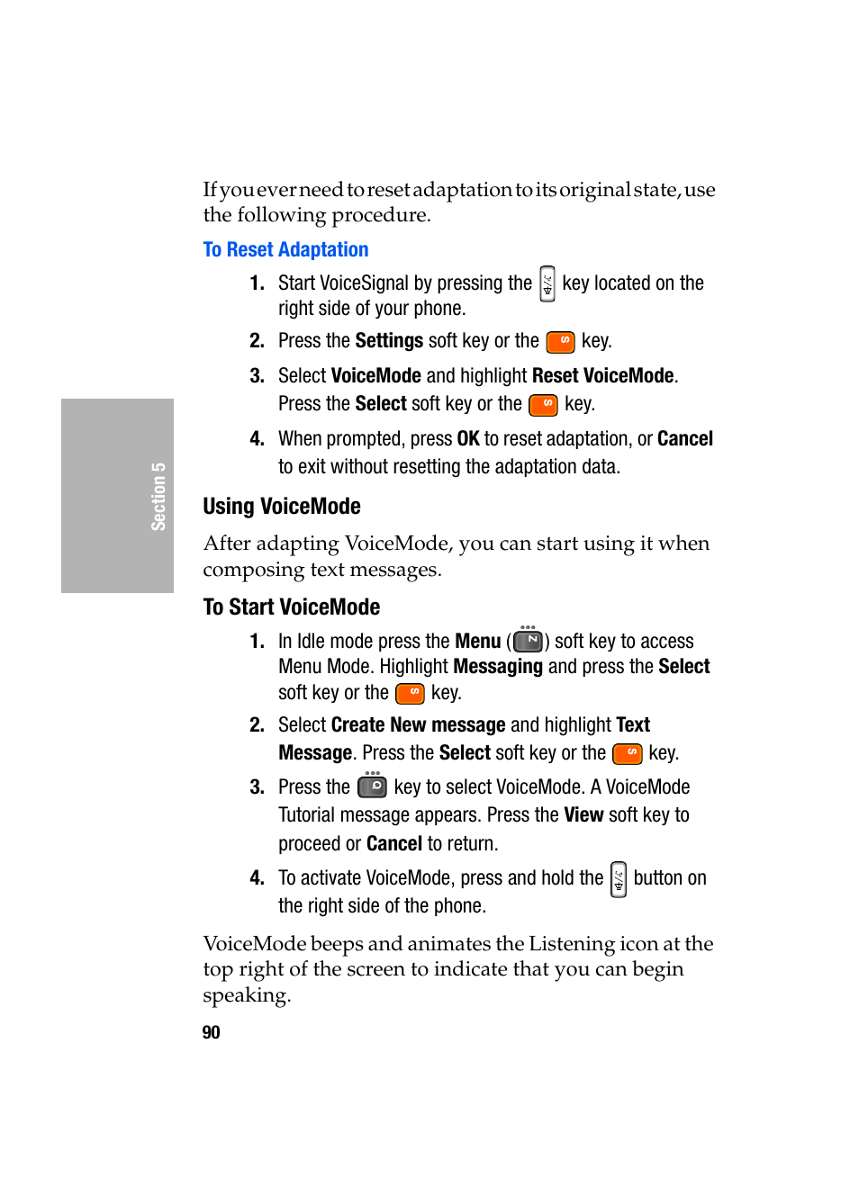 To reset adaptation, Using voicemode, To start voicemode | Samsung SGH-D307MSACIN User Manual | Page 90 / 256