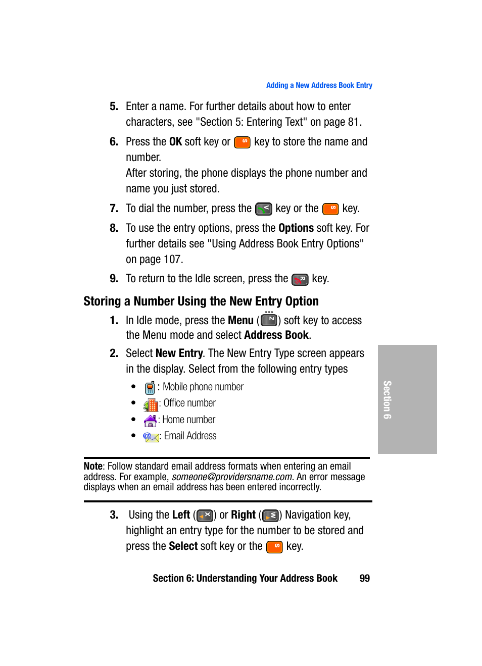 Storing a number using the new entry option | Samsung SGH-D307MSACIN User Manual | Page 99 / 256