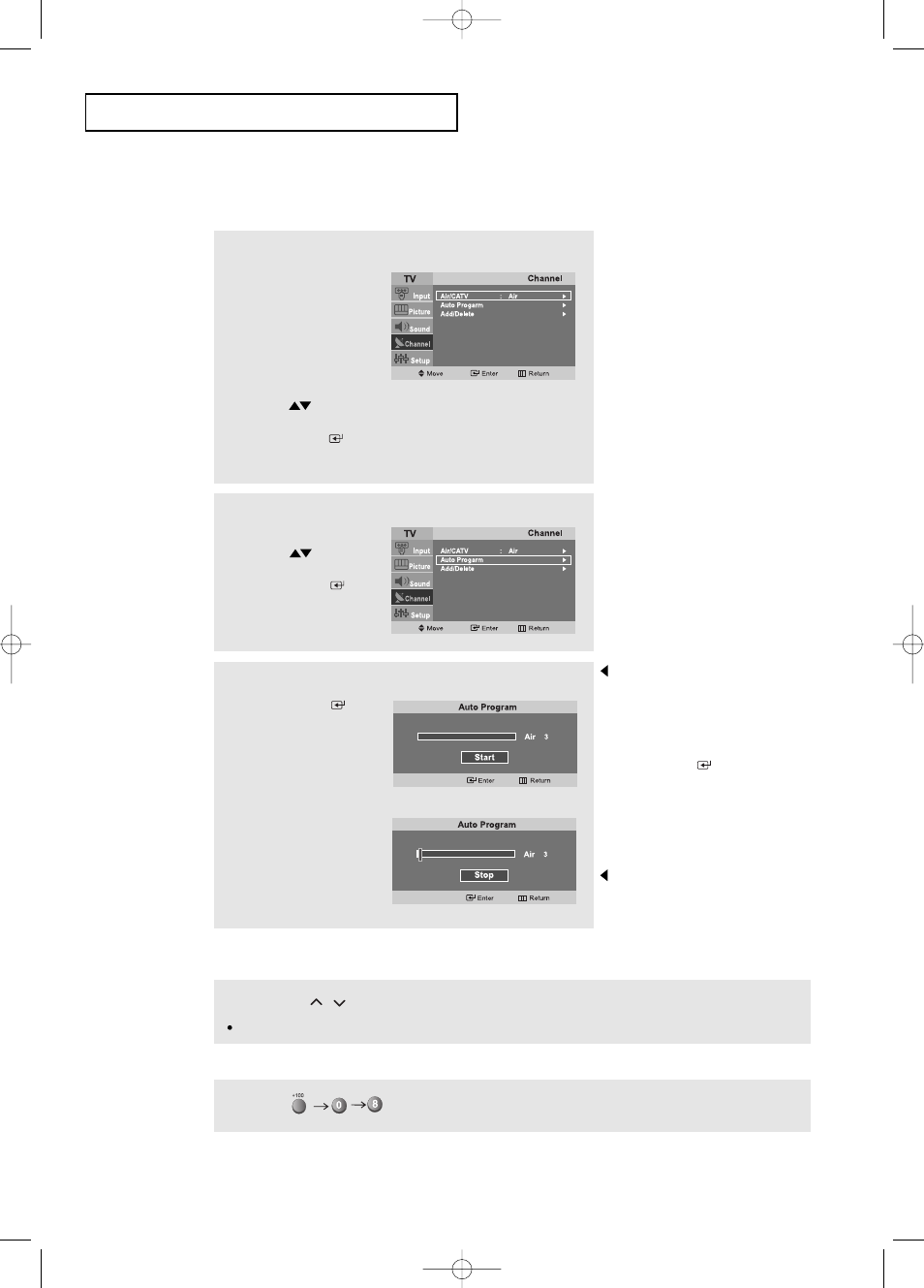 Storing channels in memory (automatic method), To check the channels stored in memory, To select channels over 100 | Samsung LTP2045UX-XAO User Manual | Page 20 / 61