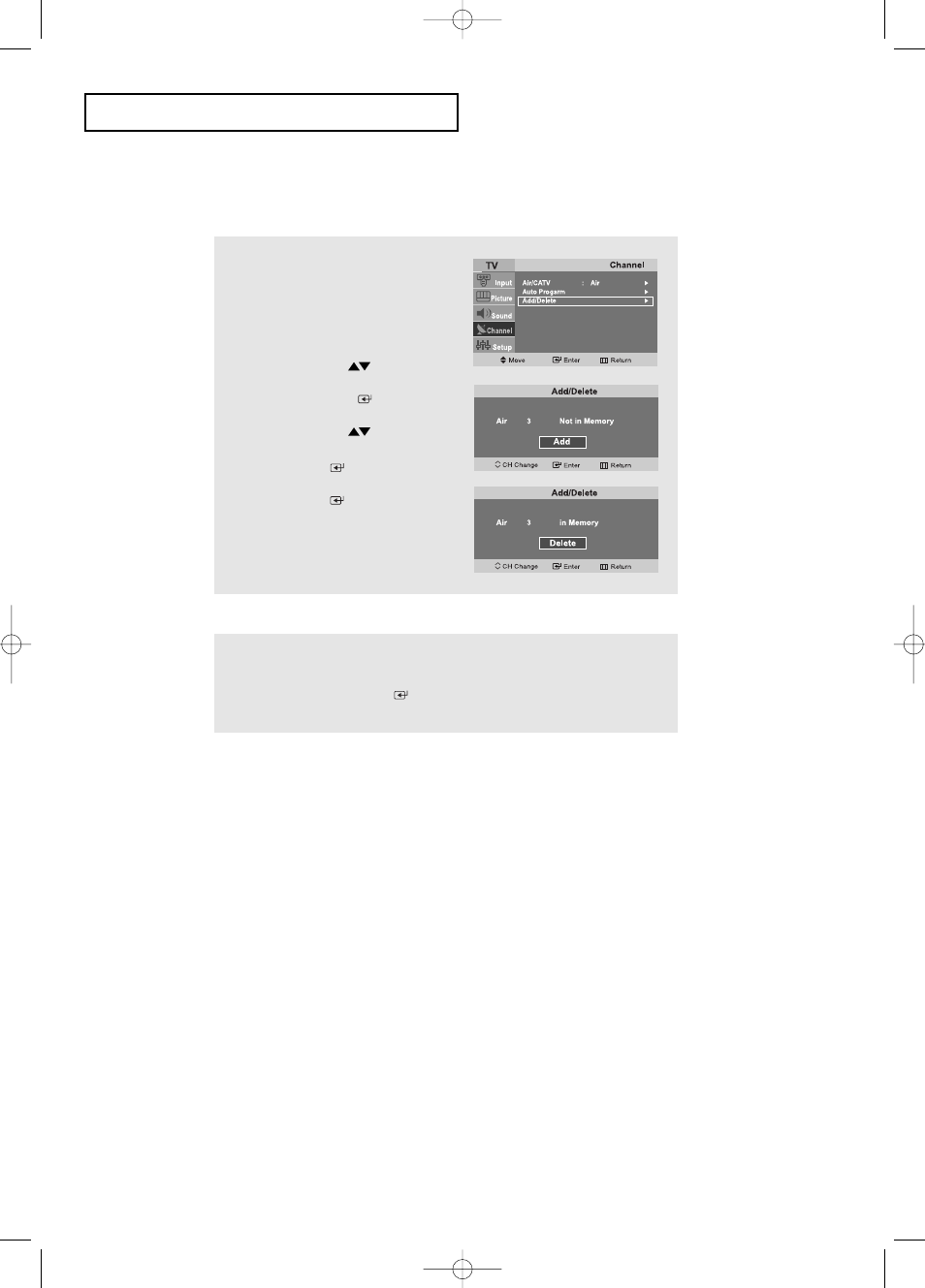 Add and del channels (manual method) | Samsung LTP2045UX-XAO User Manual | Page 21 / 61