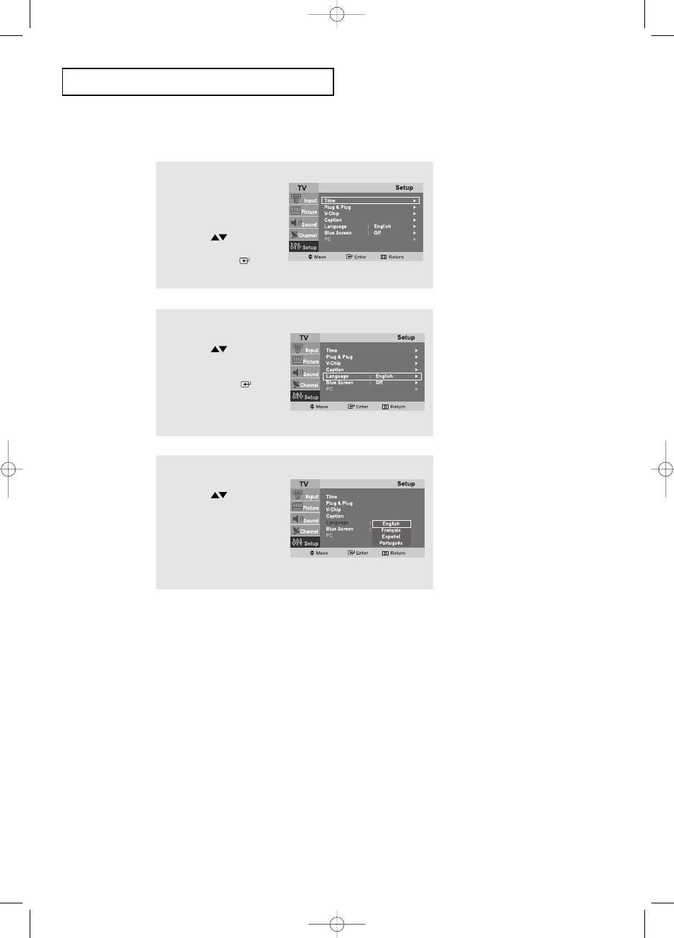 Selecting a menu language | Samsung LTP2045UX-XAO User Manual | Page 28 / 61