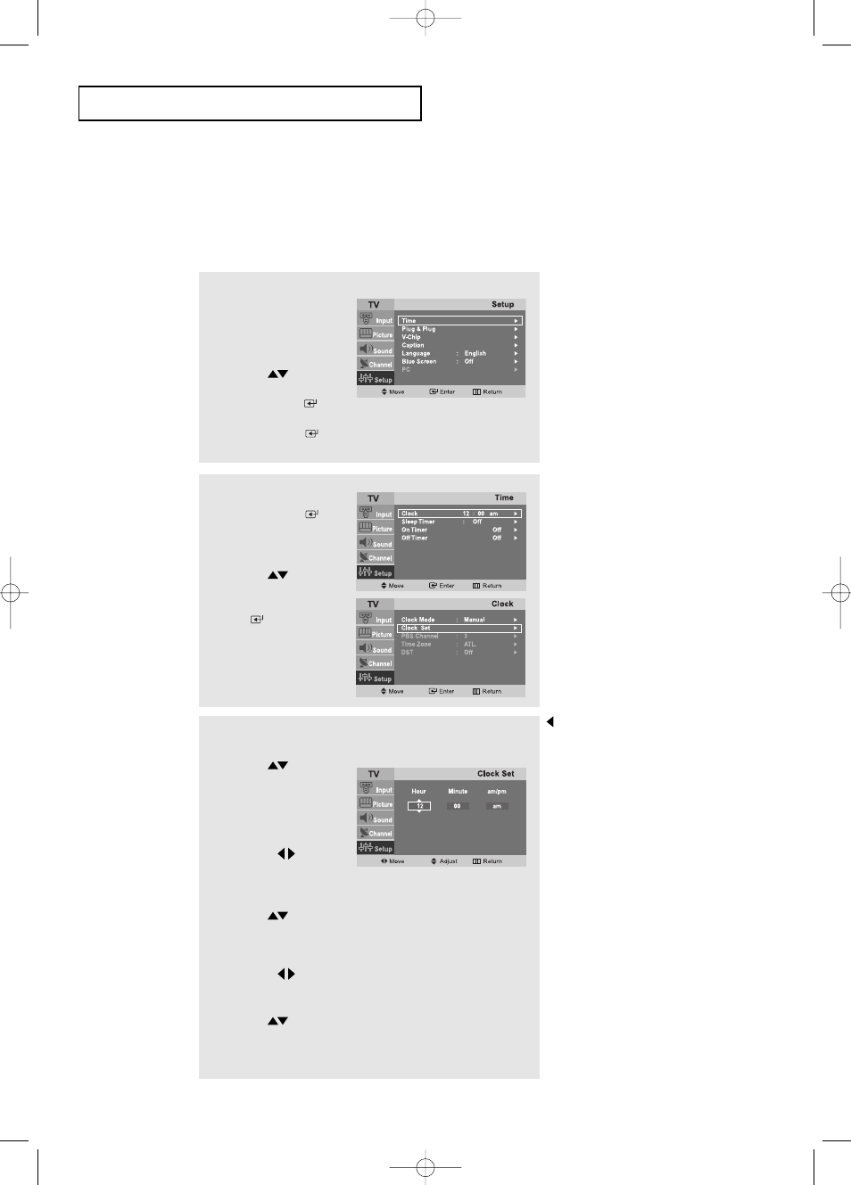 Setting the clock, Option 1: setting the clock manually | Samsung LTP2045UX-XAO User Manual | Page 32 / 61