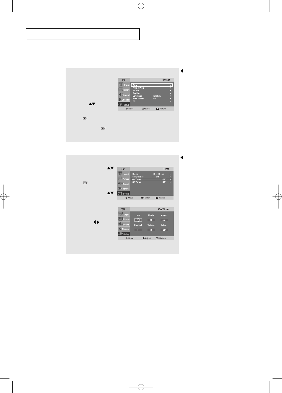 Setting the on/off timer | Samsung LTP2045UX-XAO User Manual | Page 35 / 61