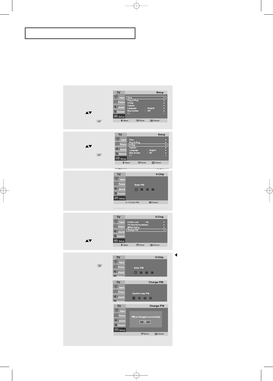 Using the v-chip, Setting up your personal id number (pin) | Samsung LTP2045UX-XAO User Manual | Page 39 / 61
