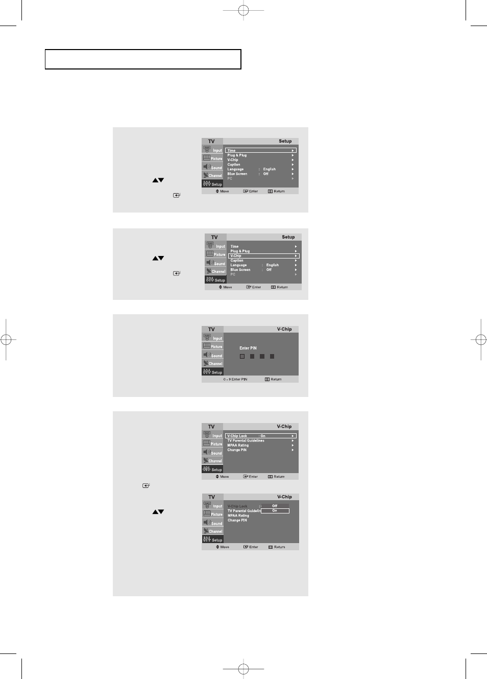 How to enable/disable the v-chip | Samsung LTP2045UX-XAO User Manual | Page 40 / 61