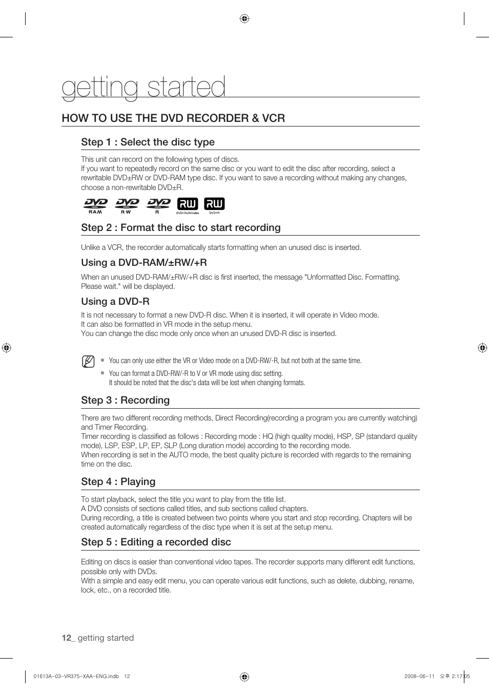 How to use the dvd recorder & vcr, Getting started | Samsung DVD-VR375A-XAA User Manual | Page 12 / 88