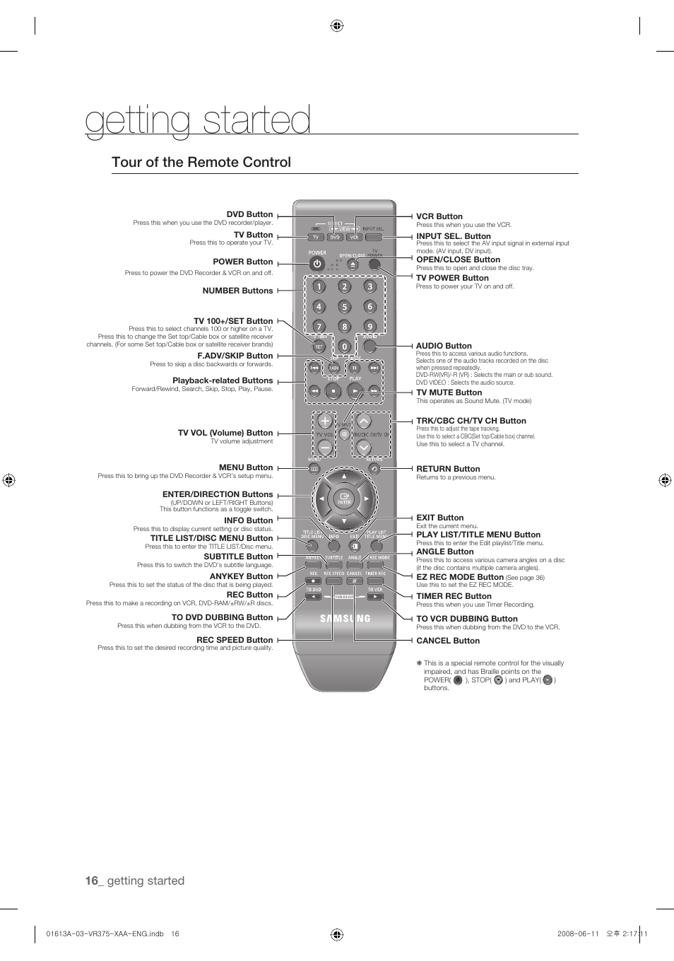 Tour of the remote control, Getting started | Samsung DVD-VR375A-XAA User Manual | Page 16 / 88
