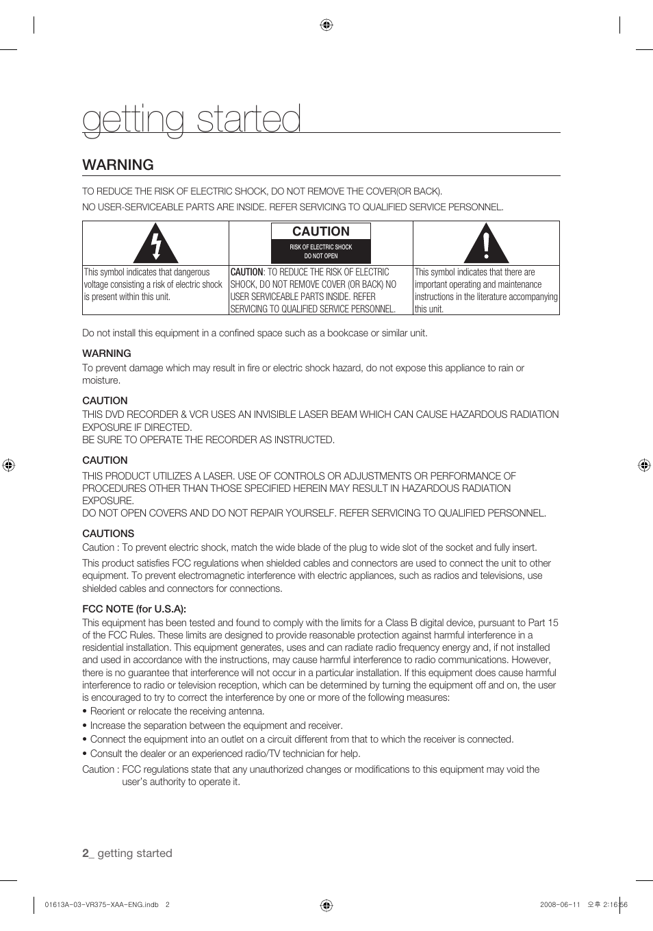 Getting started, Warning | Samsung DVD-VR375A-XAA User Manual | Page 2 / 88