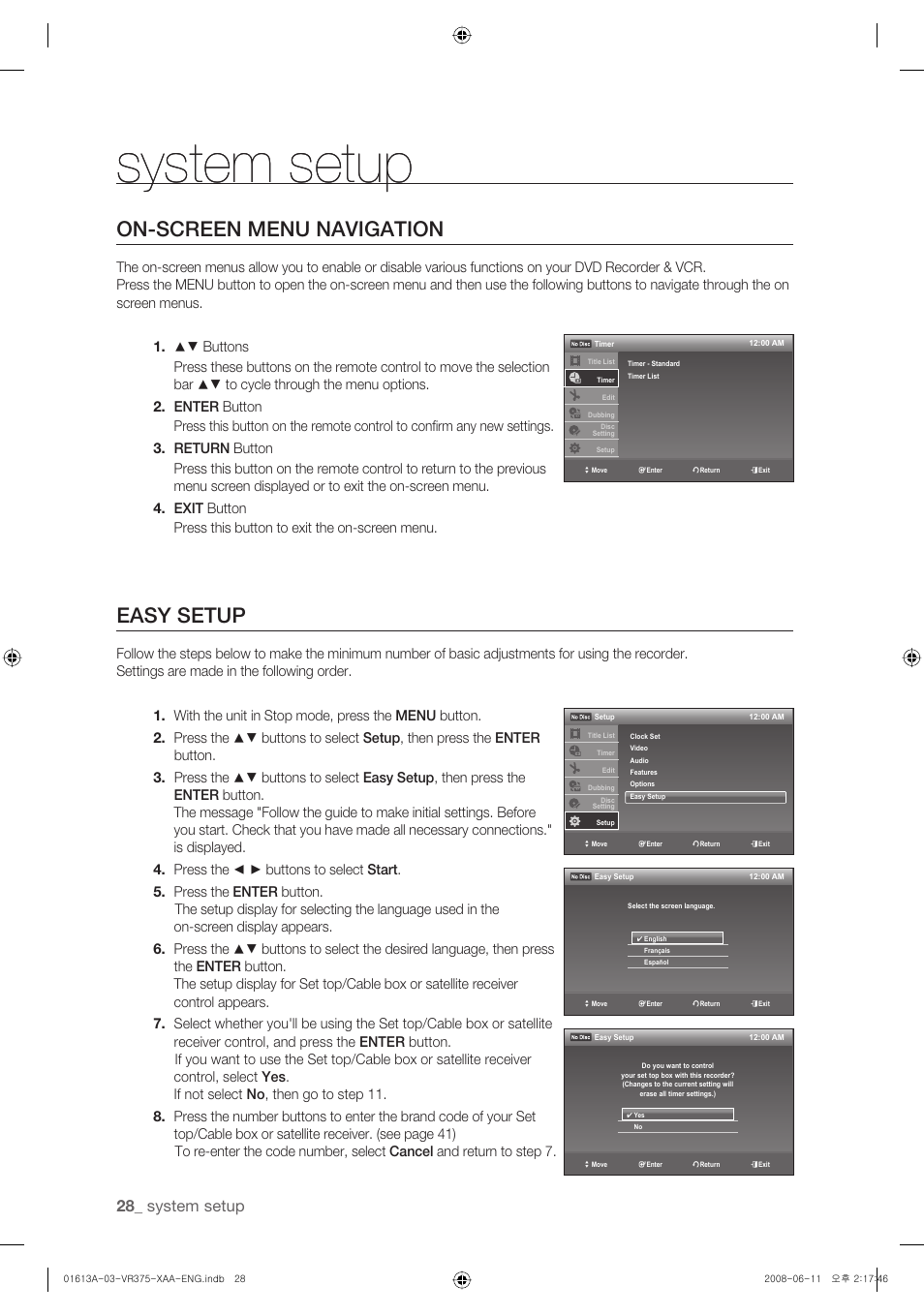 System setup, On-screen menu navigation, Easy setup | Samsung DVD-VR375A-XAA User Manual | Page 28 / 88