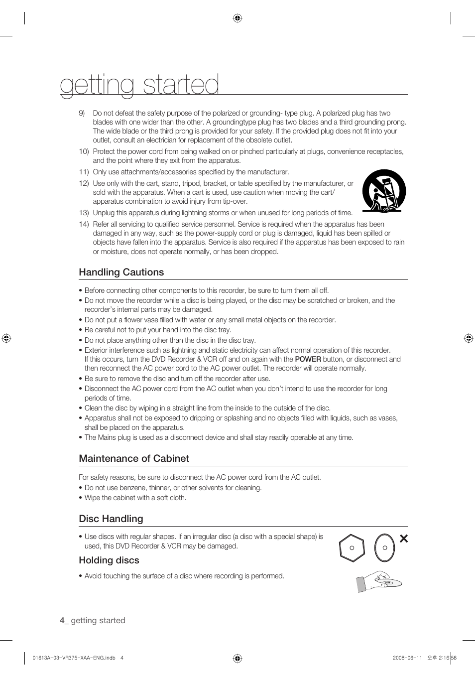 Getting started, Handling cautions, Maintenance of cabinet | Disc handling | Samsung DVD-VR375A-XAA User Manual | Page 4 / 88