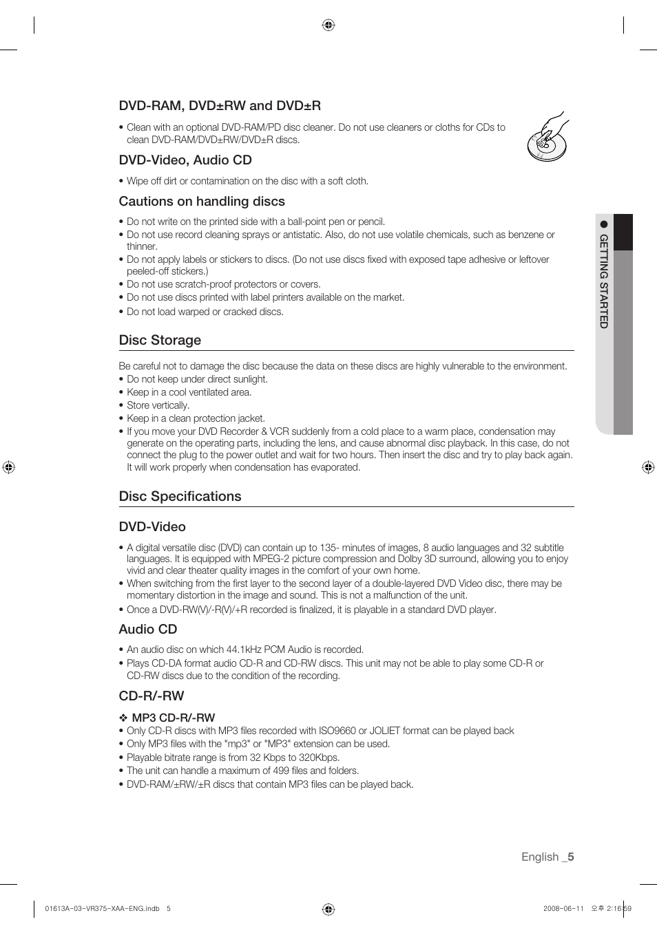Disc storage, Disc specifi cations, Dvd-ram, dvd±rw and dvd±r | Dvd-video, audio cd, Cautions on handling discs, Dvd-video, Audio cd, Cd-r/-rw | Samsung DVD-VR375A-XAA User Manual | Page 5 / 88