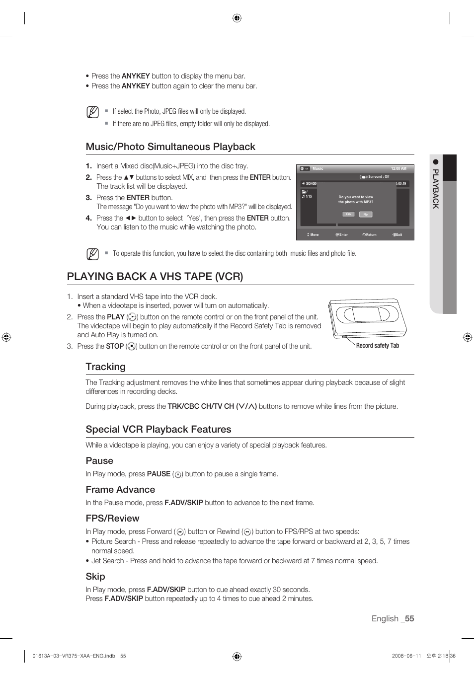 Playing back a vhs tape (vcr), Music/photo simultaneous playback, Tracking | Special vcr playback features, Pause, Frame advance, Fps/review, Skip | Samsung DVD-VR375A-XAA User Manual | Page 55 / 88