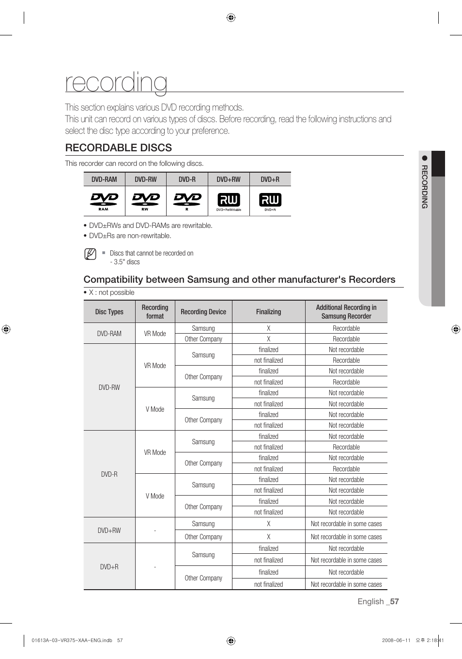 Recording, Recordable discs | Samsung DVD-VR375A-XAA User Manual | Page 57 / 88