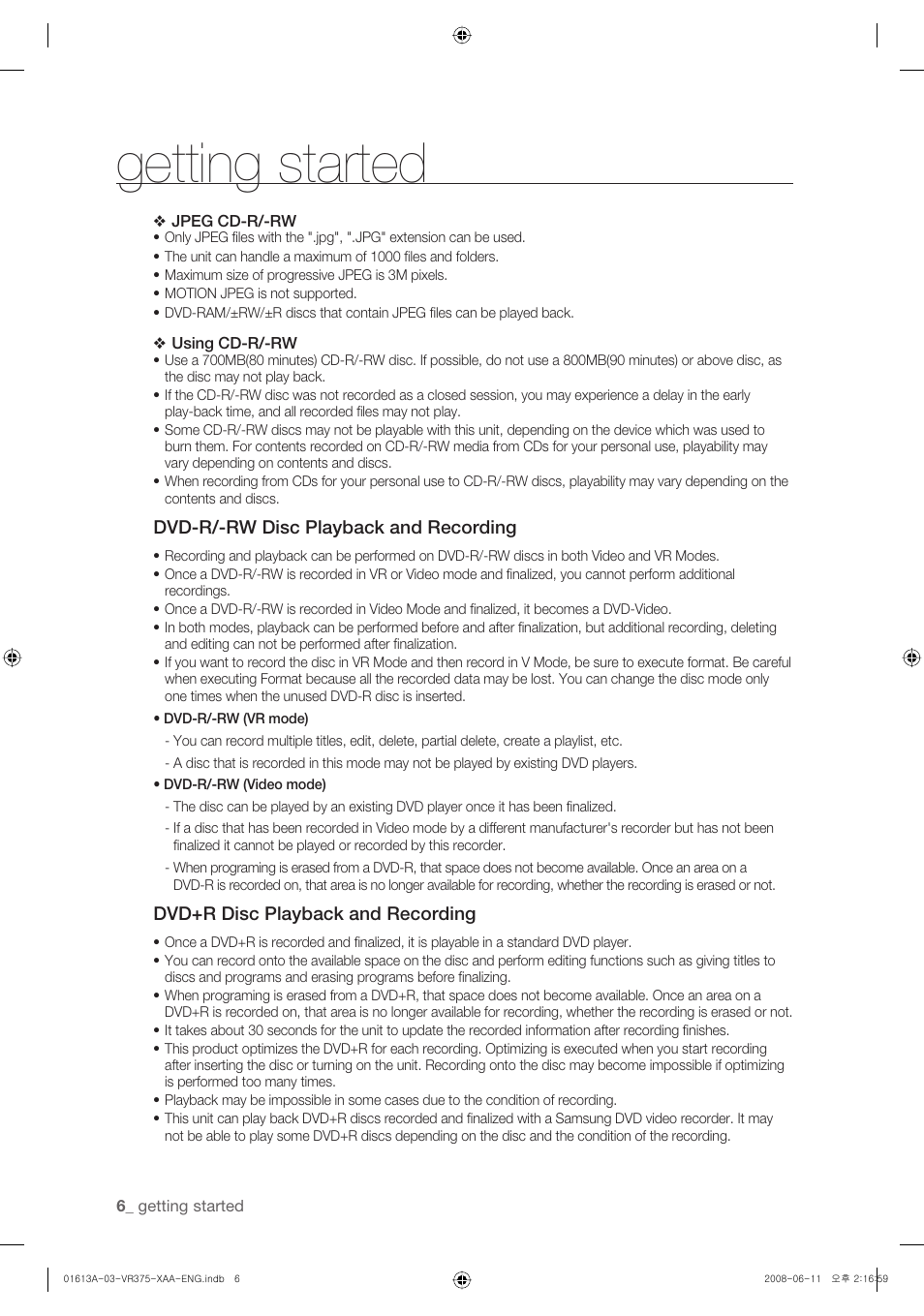 Getting started | Samsung DVD-VR375A-XAA User Manual | Page 6 / 88