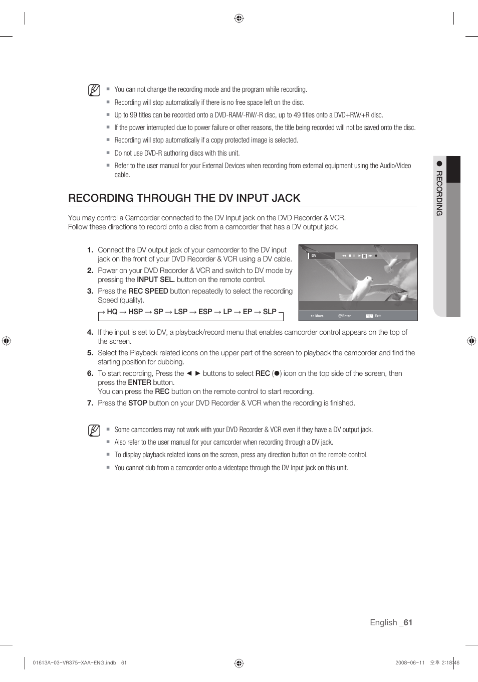 Recording through the dv input jack | Samsung DVD-VR375A-XAA User Manual | Page 61 / 88