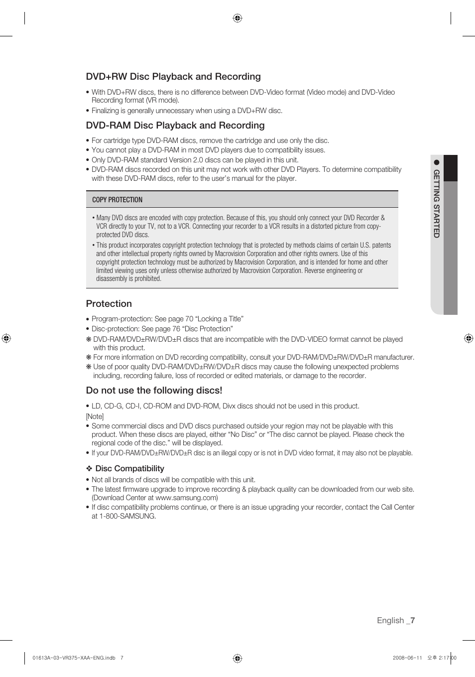 Dvd+rw disc playback and recording, Dvd-ram disc playback and recording, Protection | Do not use the following discs | Samsung DVD-VR375A-XAA User Manual | Page 7 / 88