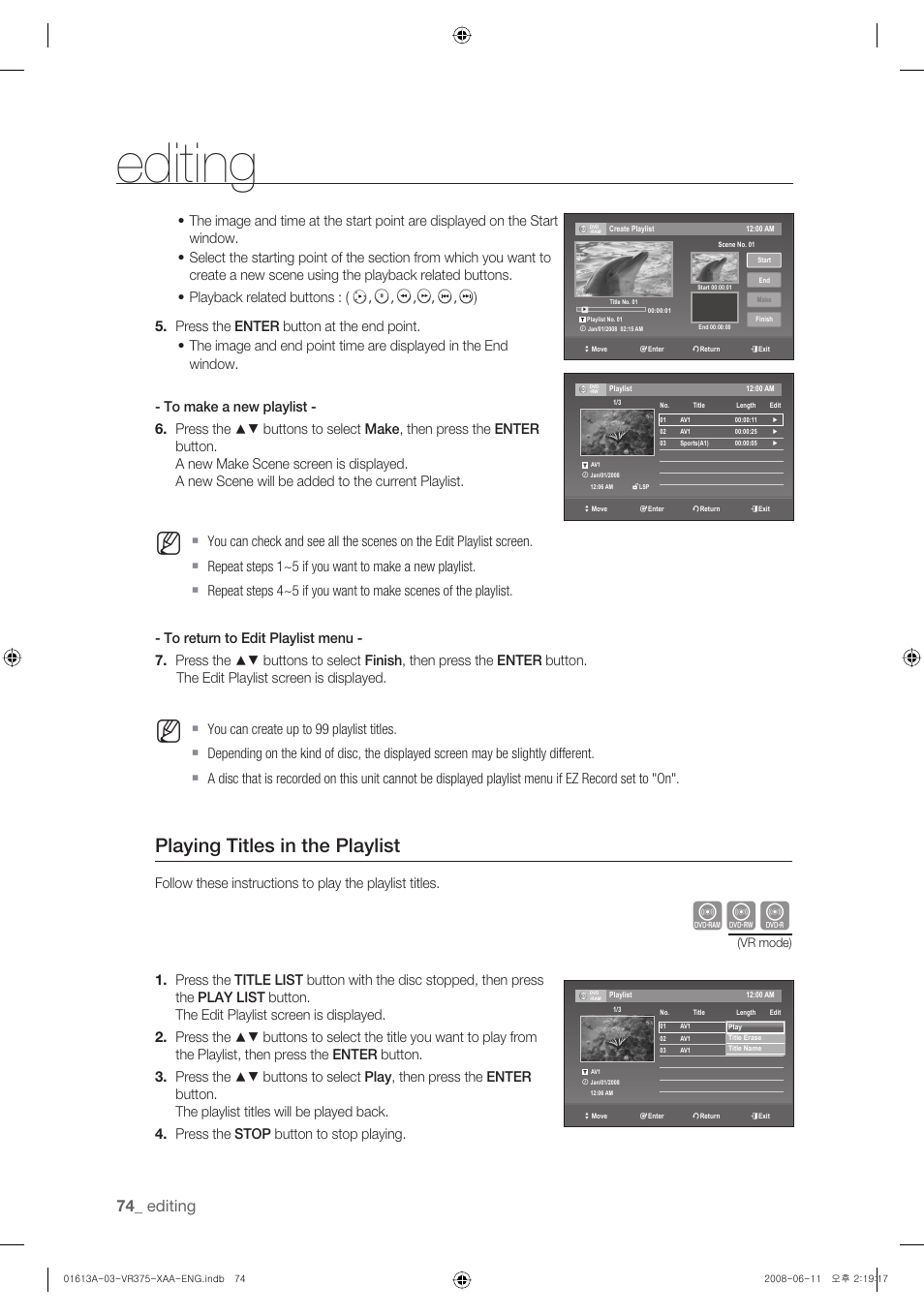 Playing titles in the playlist, Editing | Samsung DVD-VR375A-XAA User Manual | Page 74 / 88