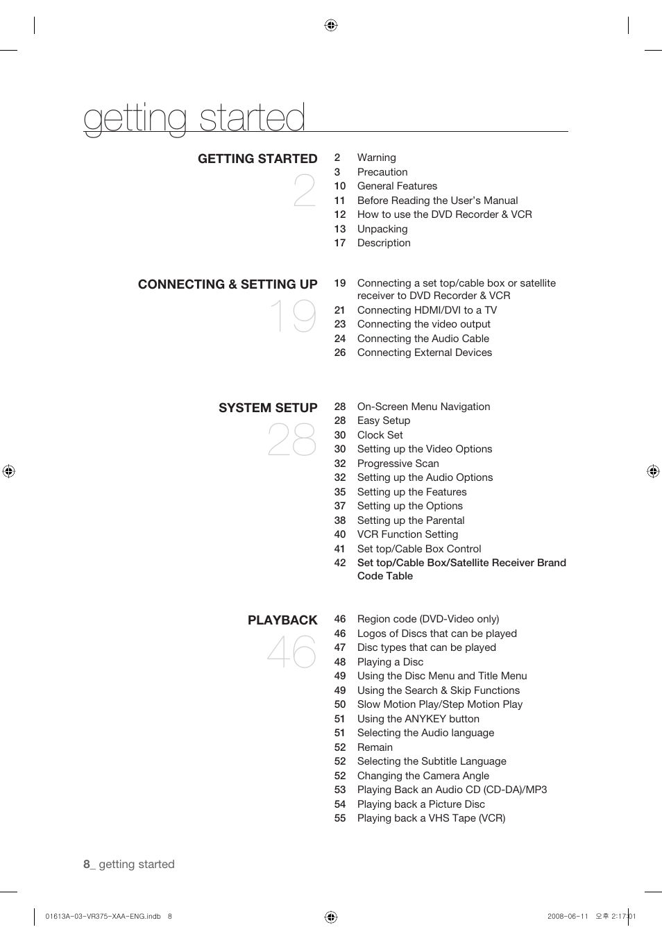Getting started | Samsung DVD-VR375A-XAA User Manual | Page 8 / 88