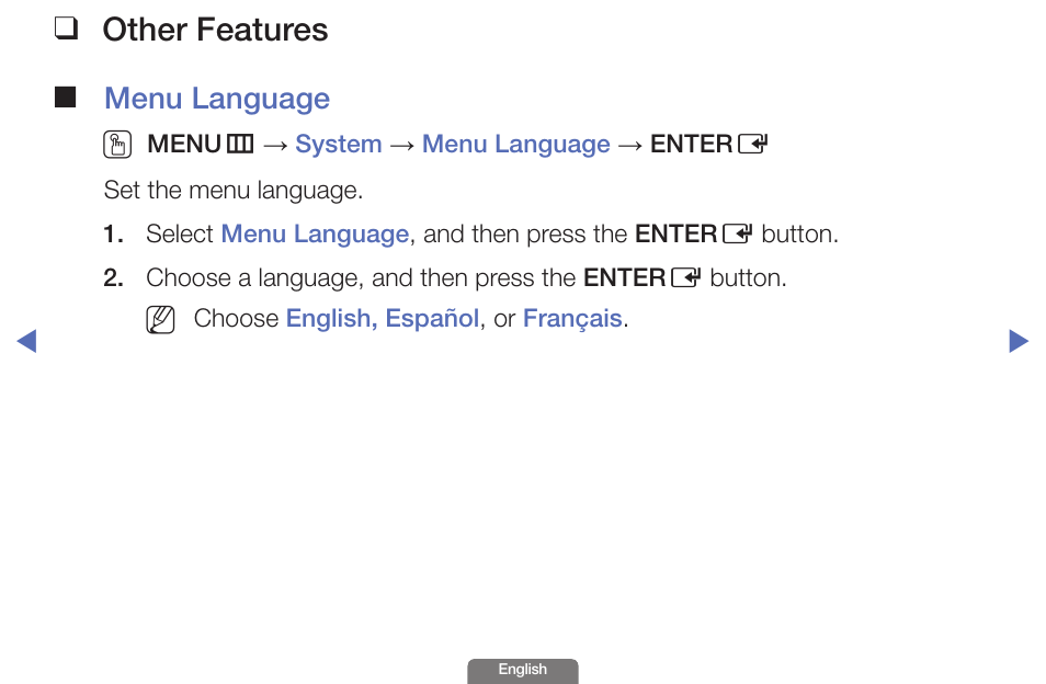 Other features, Menu language o | Samsung UN46EH6030FXZA User Manual | Page 106 / 192