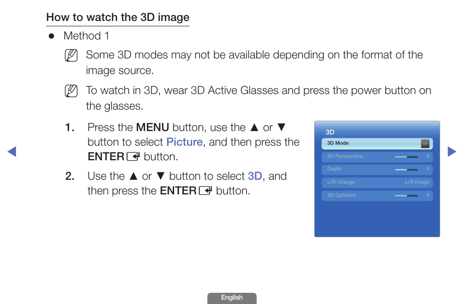 How to watch the 3d image, Method 1 | Samsung UN46EH6030FXZA User Manual | Page 136 / 192