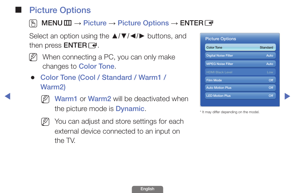 Picture options o, Color tone (cool / standard / warm1 / warm2) | Samsung UN46EH6030FXZA User Manual | Page 32 / 192