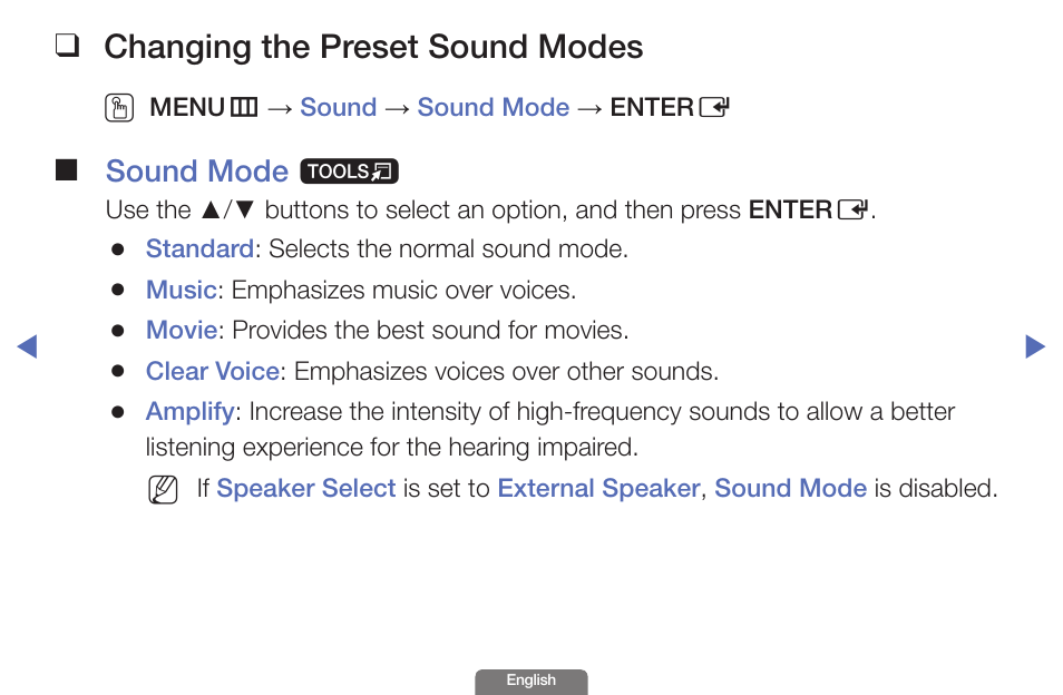 Changing the preset sound modes, Sound mode t | Samsung UN46EH6030FXZA User Manual | Page 38 / 192
