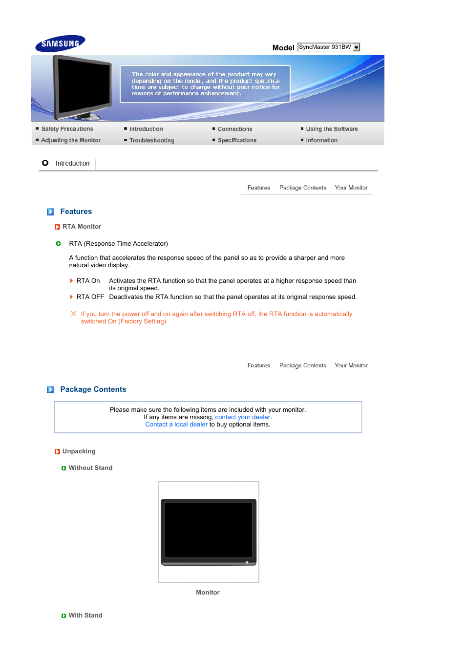 Features, Package contents | Samsung LS19MEWSF-XAA User Manual | Page 11 / 58