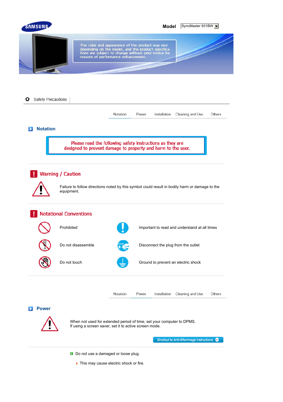 Notation, Power | Samsung LS19MEWSF-XAA User Manual | Page 2 / 58