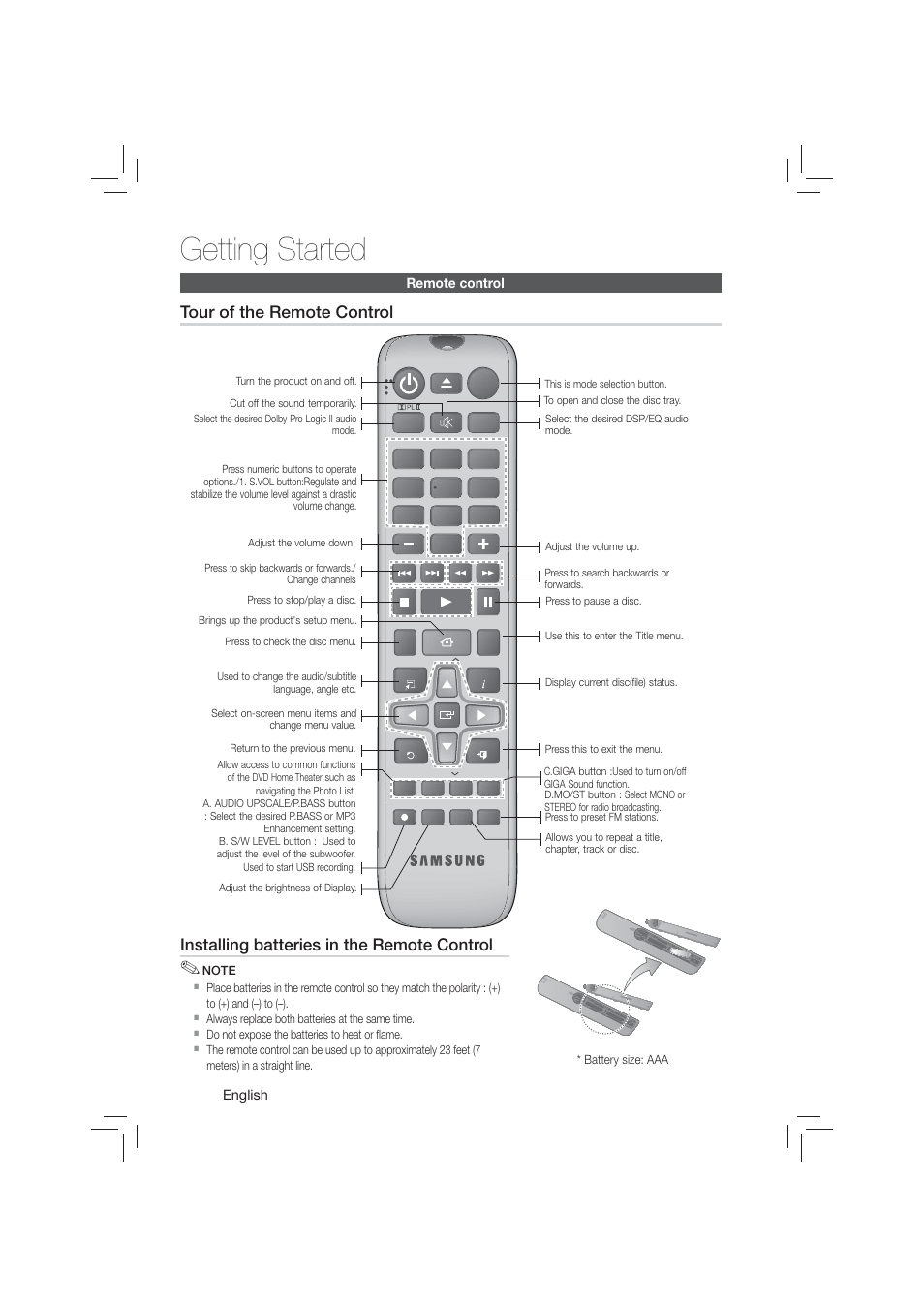 Remote control, Getting started, Tour of the remote control | Installing batteries in the remote control | Samsung HT-E350-ZA User Manual | Page 12 / 43