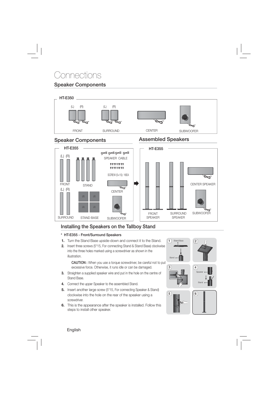 Connections, Assembled speakers speaker components, Speaker components | Installing the speakers on the tallboy stand | Samsung HT-E350-ZA User Manual | Page 14 / 43