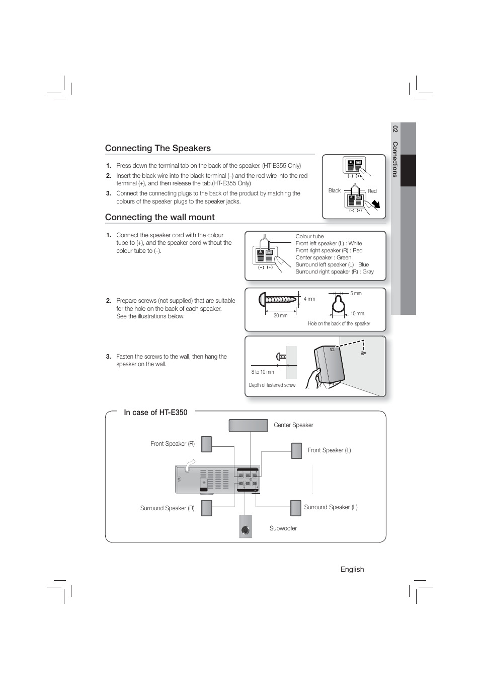 Connecting the speakers, Connecting the wall mount, English | Samsung HT-E350-ZA User Manual | Page 15 / 43