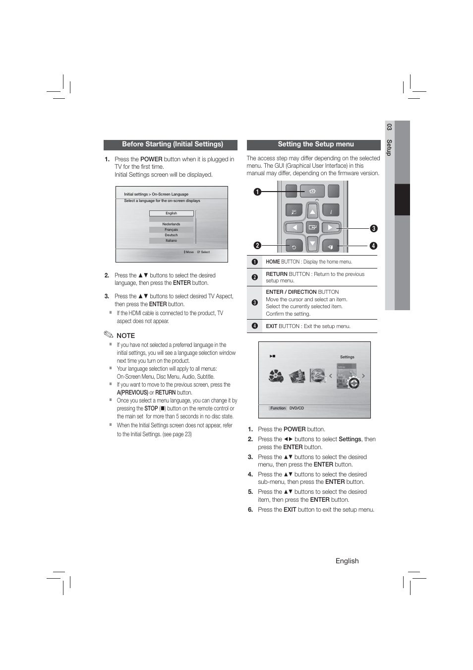 Before starting (initial settings), Setting the setup menu | Samsung HT-E350-ZA User Manual | Page 19 / 43
