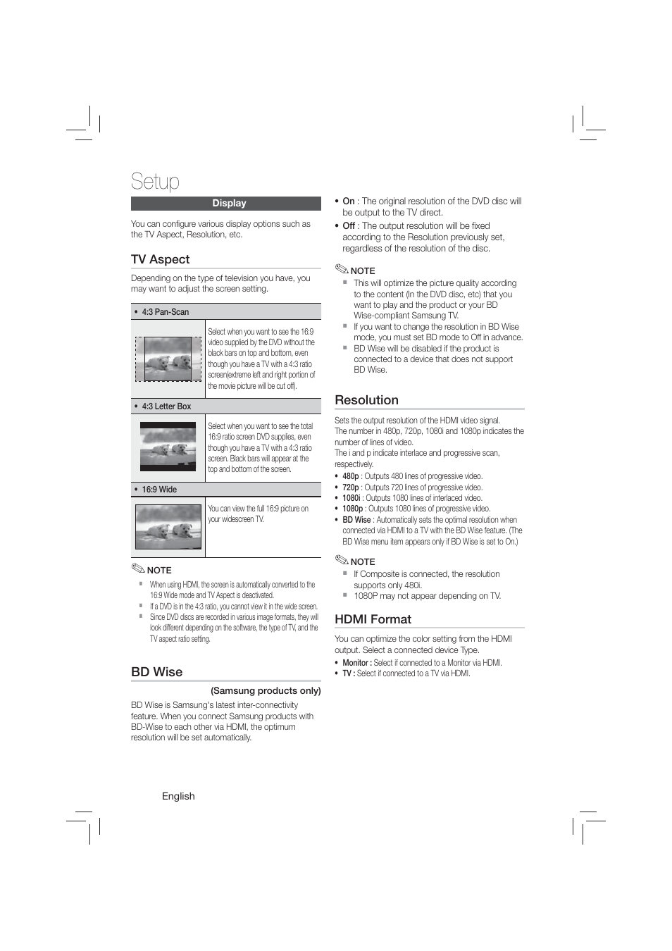Setup, Display | Samsung HT-E350-ZA User Manual | Page 20 / 43