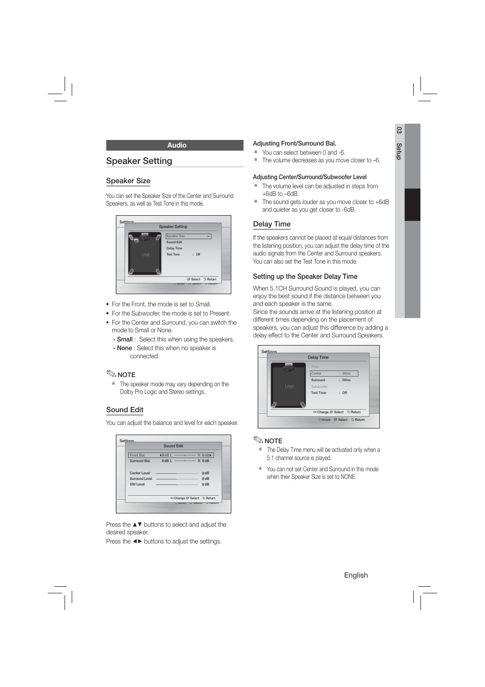 Audio, Speaker setting | Samsung HT-E350-ZA User Manual | Page 21 / 43