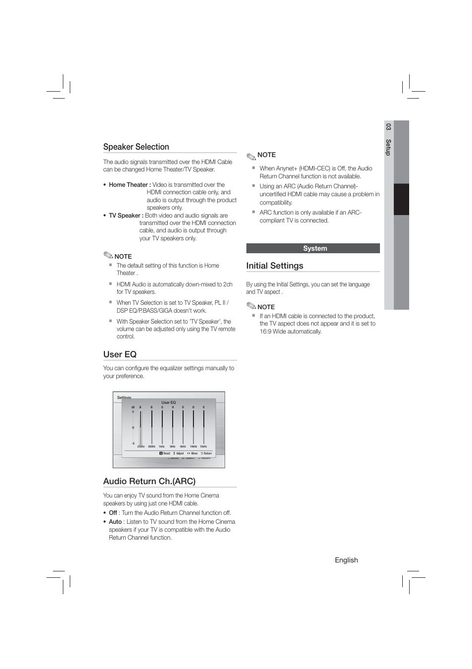 System, Speaker selection, User eq | Audio return ch.(arc), Initial settings | Samsung HT-E350-ZA User Manual | Page 23 / 43