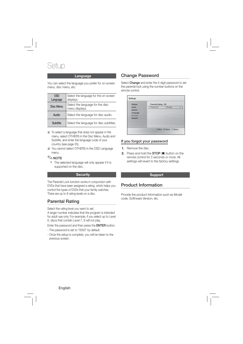 Language, Security, Support | Setup, Parental rating, Change password, Product information | Samsung HT-E350-ZA User Manual | Page 24 / 43